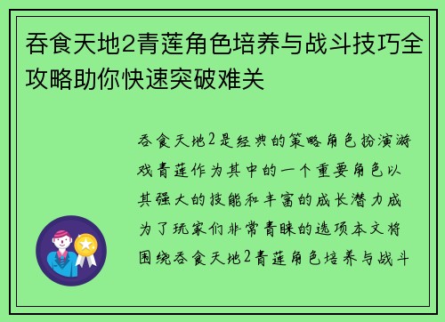 吞食天地2青莲角色培养与战斗技巧全攻略助你快速突破难关