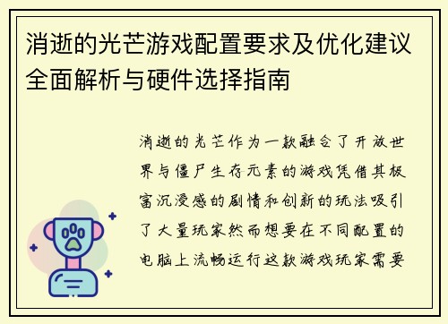 消逝的光芒游戏配置要求及优化建议全面解析与硬件选择指南